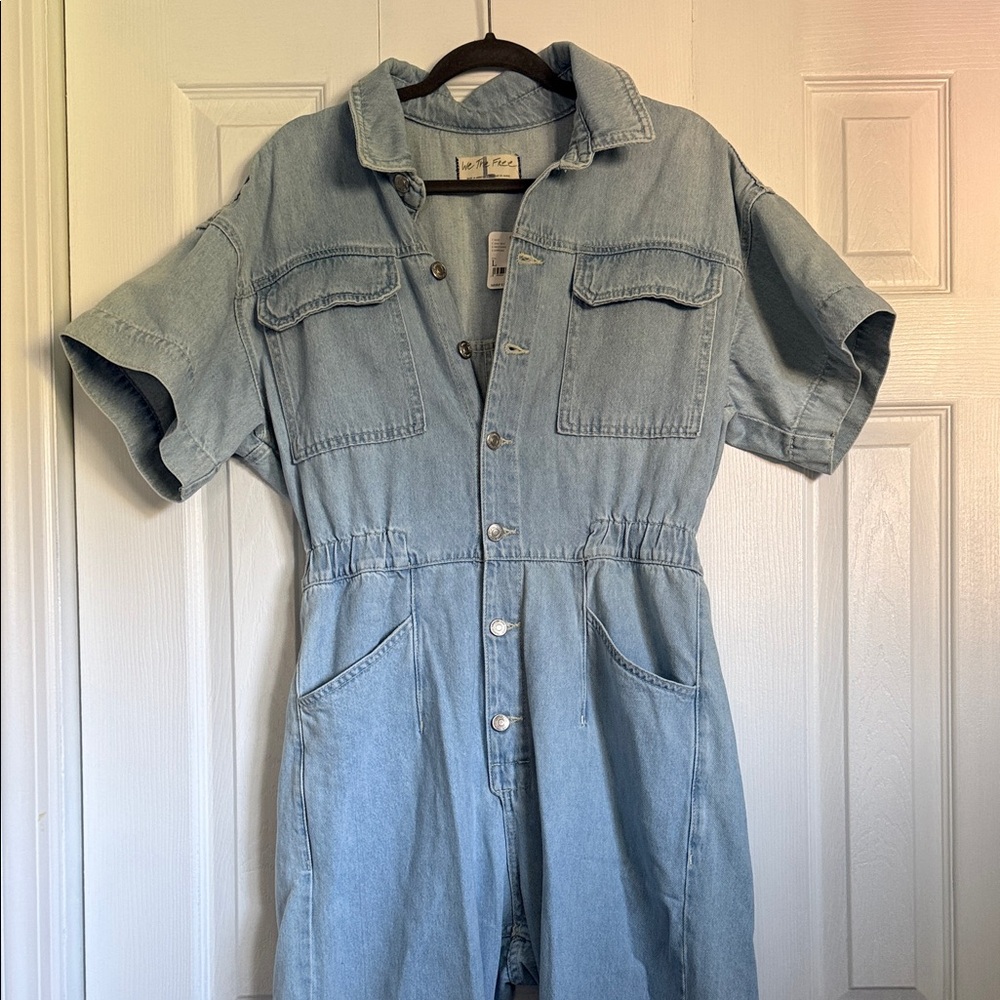 We The Free Light Blue Denim Short-Sleeve Jumpsuit Romper